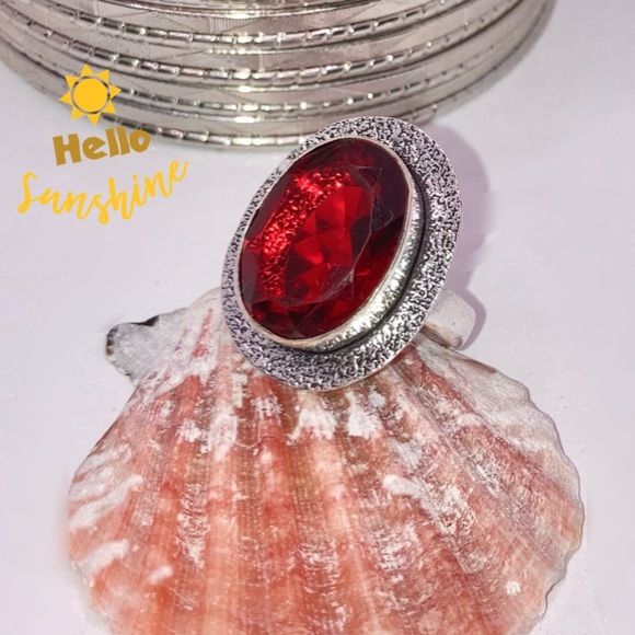 Radiant Garnet Quartz Gemstone Handmade Halo Ring - Picture 2 of 3